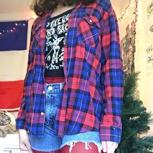 Red and blue plaid flannel button up top